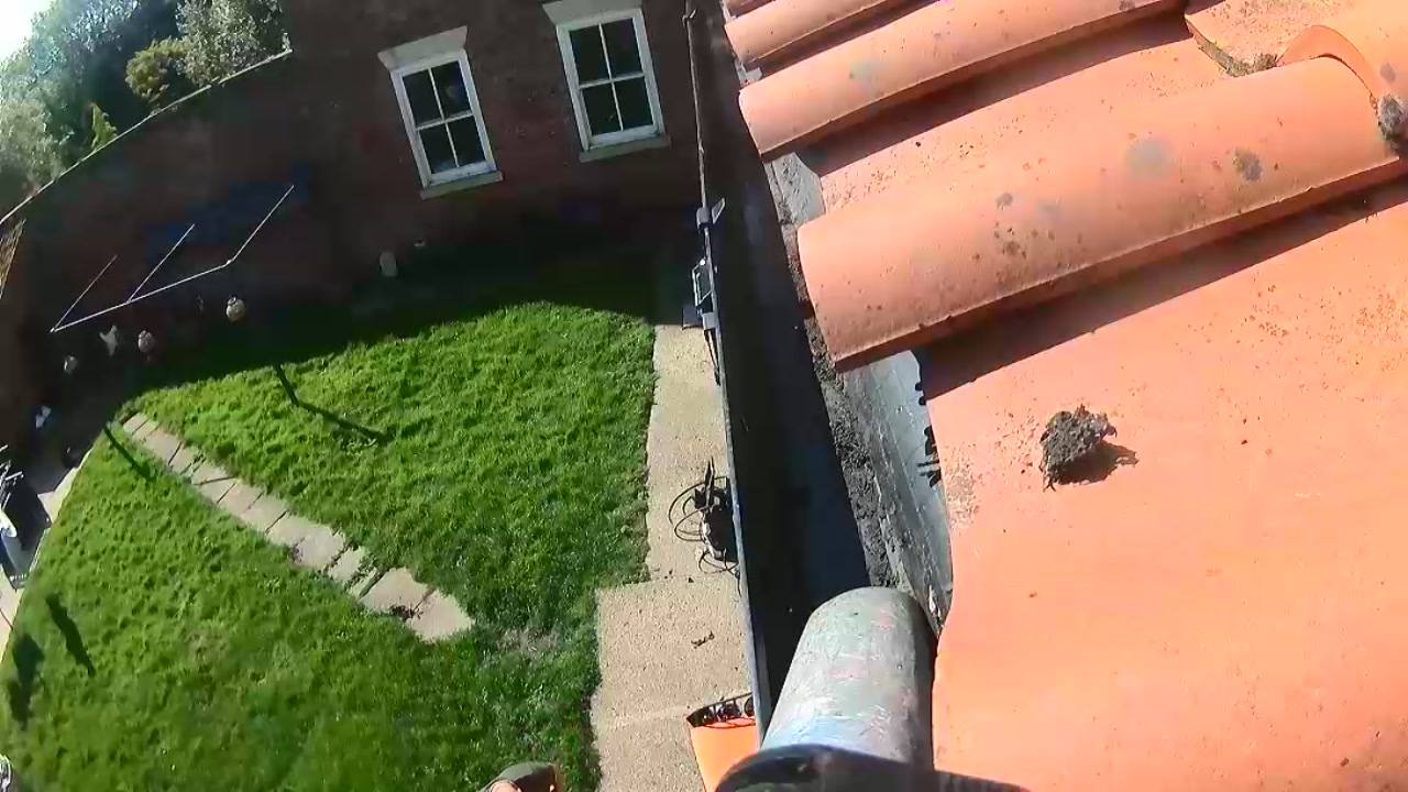 Aerial view of a clay-tile roof and guttering